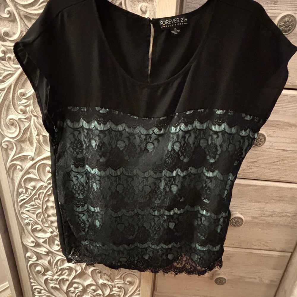 Forever 21 Black and Teal Lace Blouse